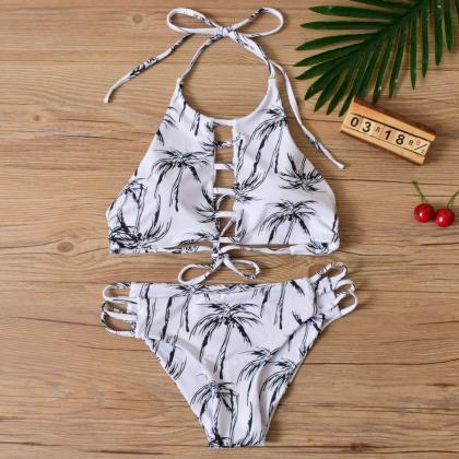 Sexy Bikini Halter Two-piece Coconut Tree Print..