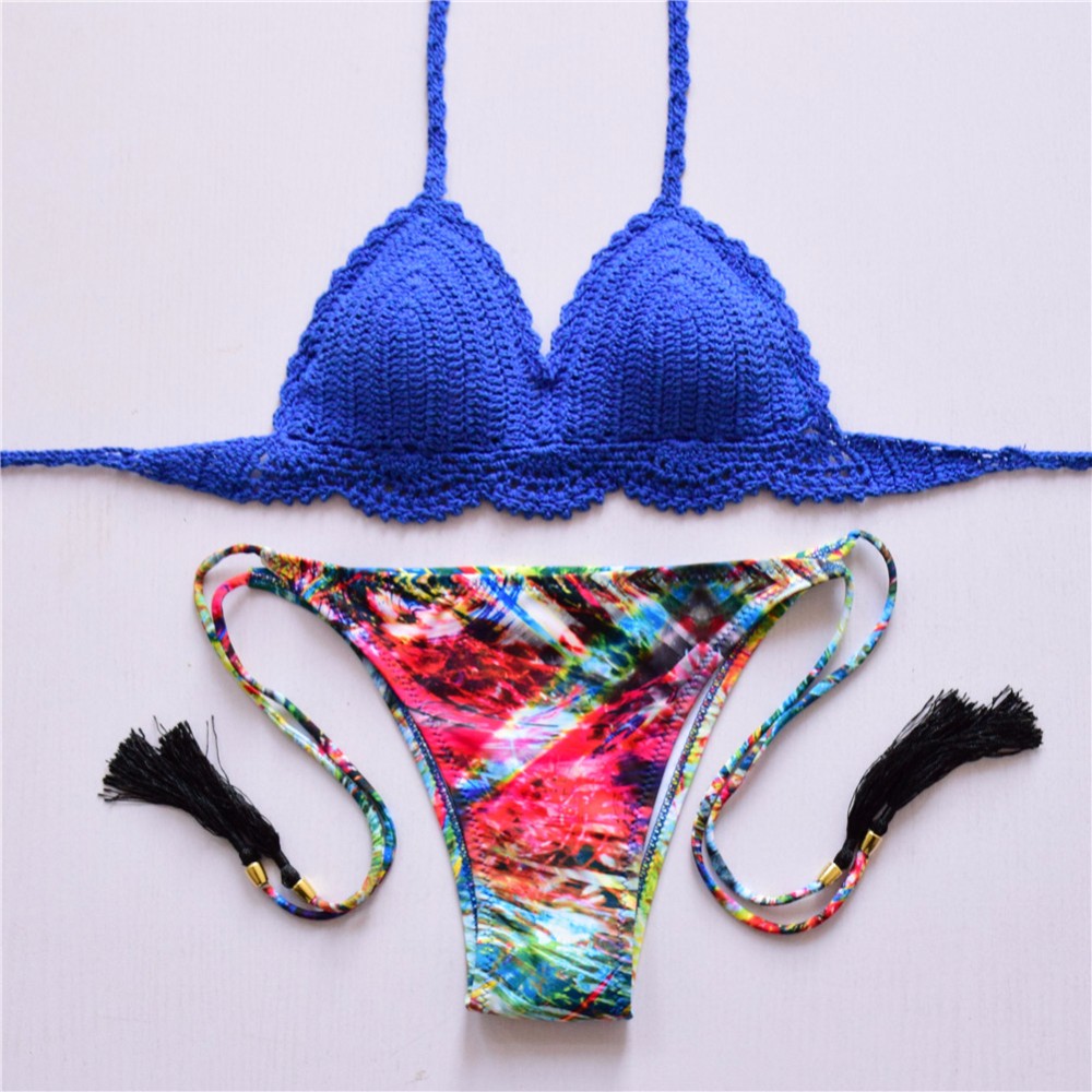 2017 Arrival Crochet Bikini Sets Women Pure Handmade Top Sexy Halter Swimwear Floral Print Biqui